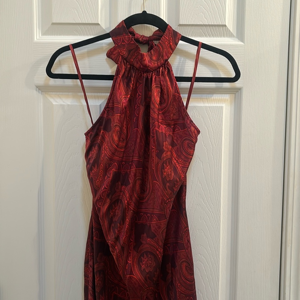 Red silky halter style midi dress. Paisley print red open shoulder sleeveless